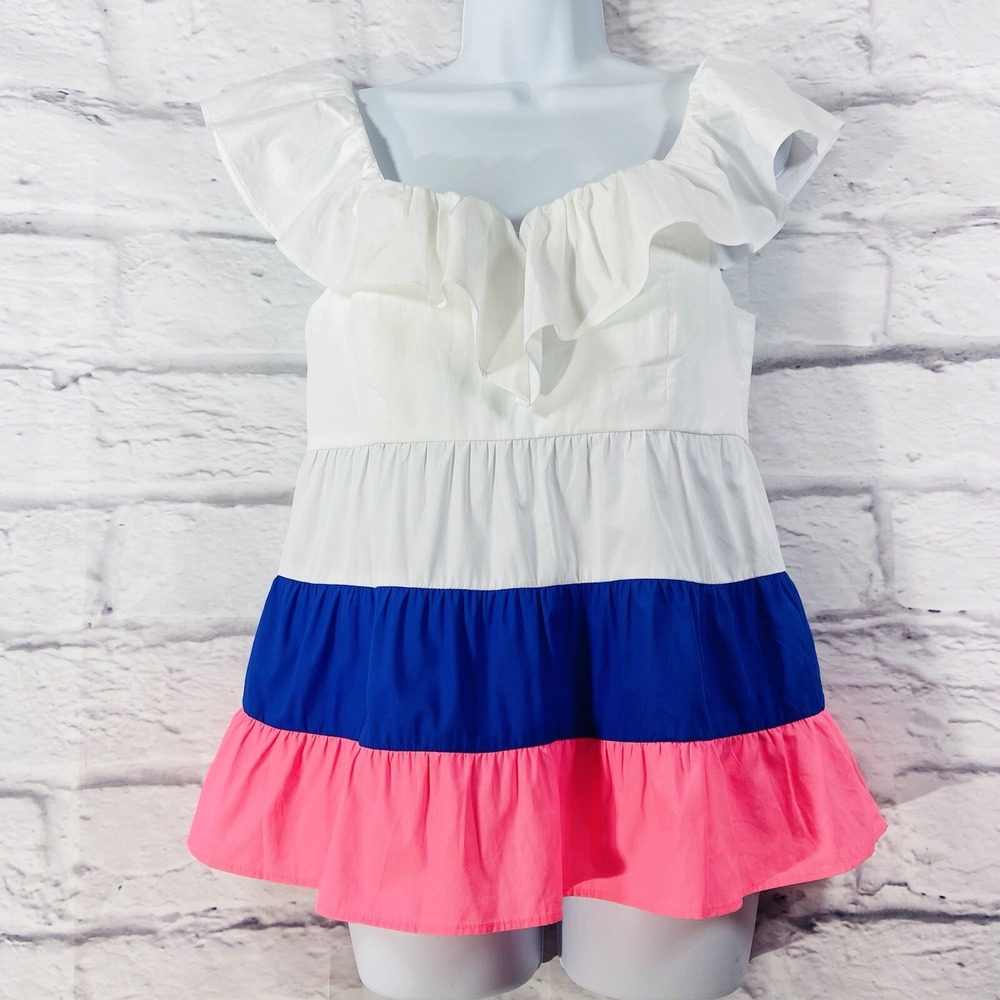 Lilly Pulitzer Emie Top Women's 6 White Pink Blue Tiered Color-Block Ruffle
